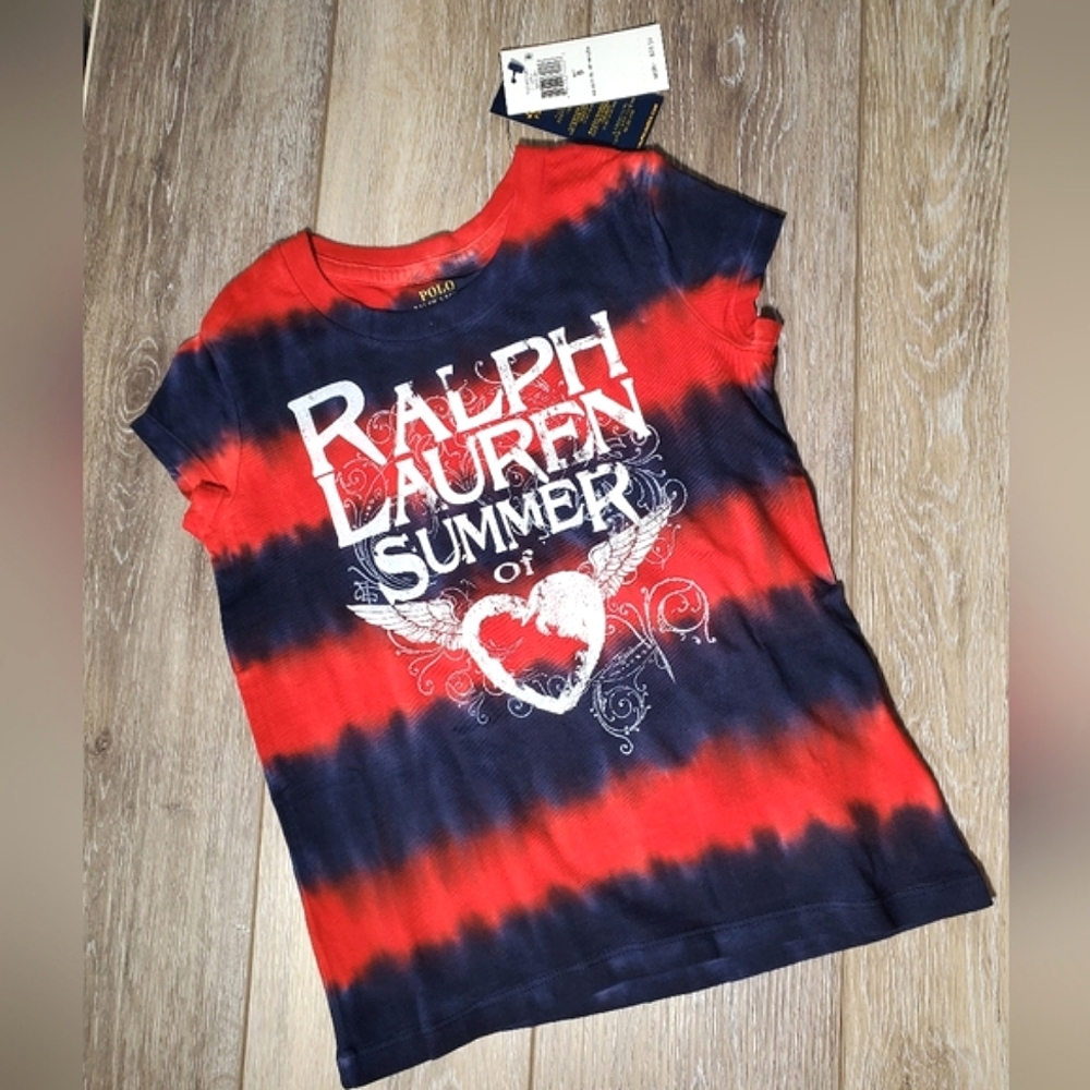 🇺🇲Ralph Lauren girl's short sleeve navy, red tie dye graphic tee Size 5